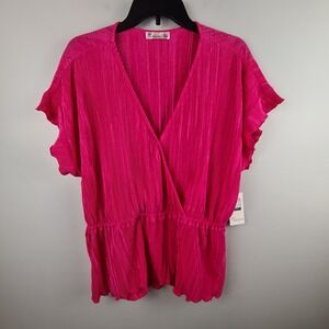 89th + Madison Womens XL Pink Plisse Peplum Top V-Neck Ruffle Short Sleeve NEW